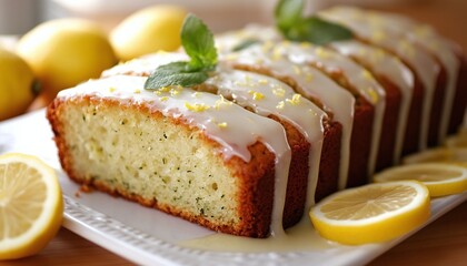 Freshly baked lemon loaf cake sliced and ready to serve