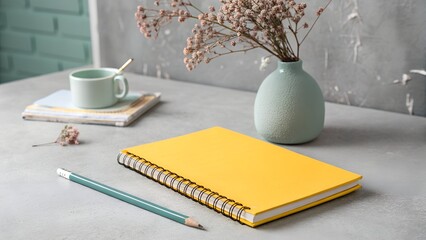 Neat workspace featuring a vibrant yellow notebook, a pencil, a serene vase with dried flowers, and a calming green mug.