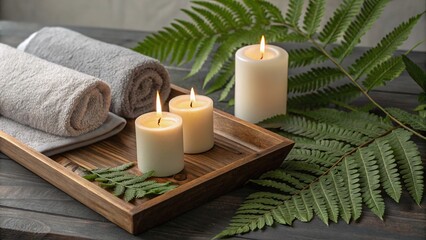 Spa setting with lit candles, rolled towels, and green fern leaves