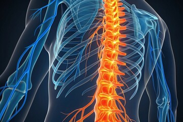 Human nervous system with glowing spine and blue nerves