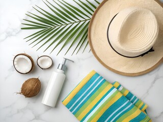 Tropical summer flat lay displays beach essentials: coconuts, palm leaf, straw hat, striped towel, and lotion bottle on white marble.