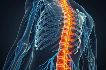 Human nervous system with glowing spine and blue nerves