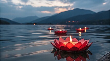 Floating lotus candles on a lake at dusk