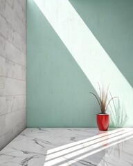 A room corner with green and grey walls, a marble floor, and a red potted plant, brightened by diagonal sunlight shadows.