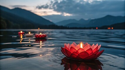 Floating lotus candles on a lake at dusk