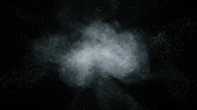 A shimmering silver glowing dust cloud gently pulsates and expands across a dark background in a seamlessly looping abstract animation modern, digital, shimmer