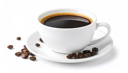 Obraz premium A white cup of steaming black coffee sits on a saucer, accompanied by scattered roasted coffee beans on a crisp white background