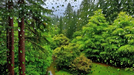 Fototapeta premium Rainy Forest View: Nature, Water Drops, Greenery Scene