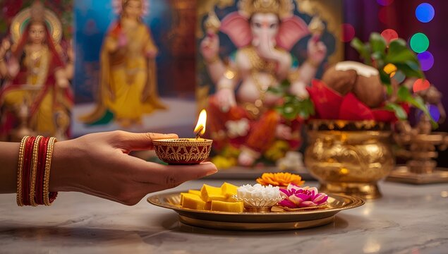 Hands Of Girl Holding Illuminated Clay Diya Deep Dia Lamp With Pooja Thali, Flowers And Doing Aarti Of Maa Lakshmi & Bhagwan Ganesh Deva. Diwali Puja , New Year, Deepawali Or Shubh Deepavali ... See M
