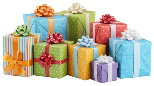 Colorful Gift Boxes with Ribbons on White Background