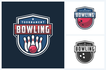 Obraz premium Bowling logo sport design template, bowling emblem vector, bowling tournament logo badge design vector illustration