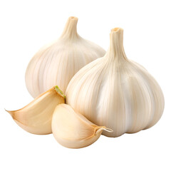 Two whole garlic bulbs and two peeled cloves on a white background allium