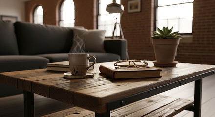 Cozy living room interior with rustic wooden coffee table coffee mug book and eyeglasses.