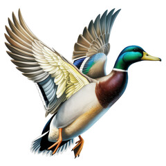 Obraz premium Male Mallard Duck in Flight Against White Background