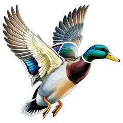 Naklejka premium Male Mallard Duck in Flight Against White Background