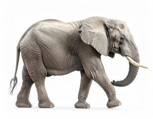 Obraz premium A grey elephant walks in profile on a white background, showing its trunk, tusks, ears, and legs in a clear, natural presentation