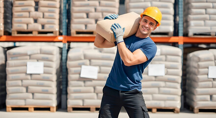 A friendly warehouse worker in a yellow hard hat carries a heavy sack and smiles confidently at the camera in a modern logistics center.