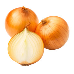 Fototapeta premium Two whole yellow onions and one half onion on a white background allium cepa vegetable
