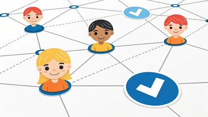 Diverse cartoon people connected in a network with checkmarks