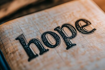 A soft focus shot of an open notebook with the word hope written in large letters but the ink is smudging