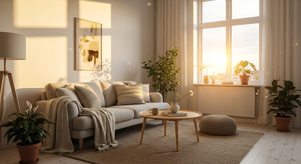Fototapeta premium Cozy Living Room Interior with Sofa Table and Natural Light.