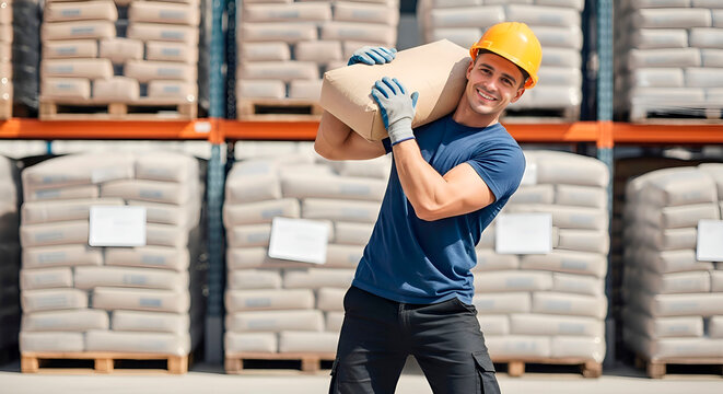 A friendly warehouse worker in a yellow hard hat carries a heavy sack and smiles confidently at the camera in a modern logistics center.