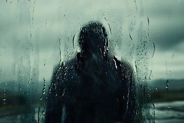 A closed window with rain running down it the reflection of a person distorted in the glass representing feelings of isolation
