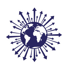 Global impact icon with arrows emanating from earth illustrating growth and expansion