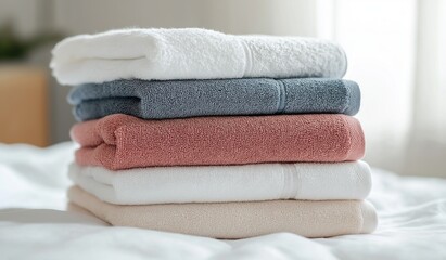 Stack of soft plush towels in various colors and sizes resting on top of clean white sheets creating inviting scene for daily self-care or personal care activities