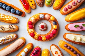 Overhead shot of a variety of éclairs arranged in a spiral each with unique toppings