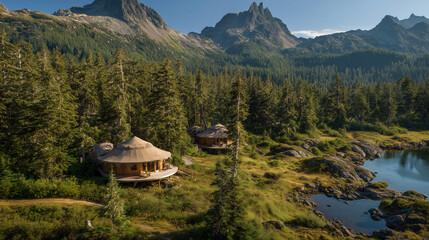 Unique circular eco lodge nestled in a lush green forest with mountains and a lake