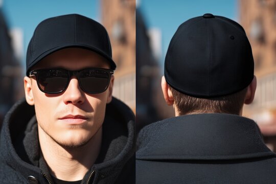 A young man wearing a black cap mockup and sunglasses, facing forward and showing the back of his head, outdoors with a clear blue sky in the background