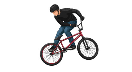 Naklejka premium BMX Rider in Black Helmet and Gloves on Red Bike.