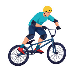 Fototapeta premium BMX Rider with Yellow Helmet and Protective Gear on Blue Bike.