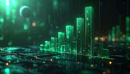 A futuristic, glowing visualization of data, presented as a growing bar chart with an emerald hue, placed on a complex technological circuit