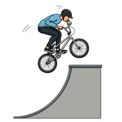 Fototapeta premium Cartoon BMX Rider Performing Trick on Ramp with Helmet and Blue Shirt.