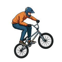 Fototapeta premium Man Performing a Bicycle Stunt Orange Shirt Blue Helmet.