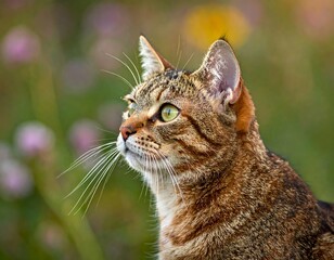 Close-up of a tabby cat gazing upwards in a field of flowers