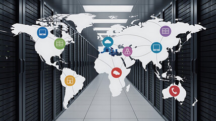 Global data network and server room visualization for cloud computing