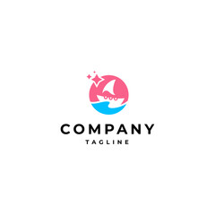 sailing boat logo with ocean wave elements decorated with stars in flat vector design style