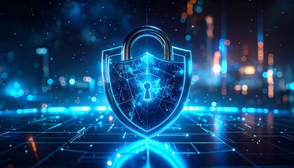 A digital padlock secured by a sturdy shield, a perfect visual metaphor for strong cybersecurity and data protection