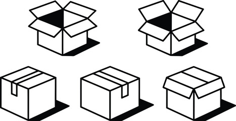 Isometric Line Art of Cardboard Boxes Depicts Shipping Logistics Transportation and Storage with Open and Closed Packaging and Shadow Casting Shapes