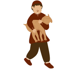 Young Boy Carrying a Kid Goat, Eid al-Adha Illustration