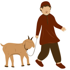 Young Boy Walking with a Goat, Eid al-Adha Illustration