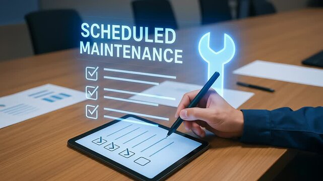 Predictive maintenance engineer using tablet technology for scheduled equipment monitoring