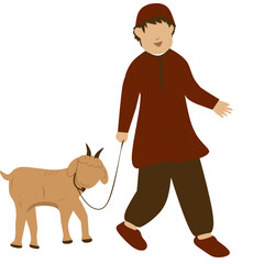 Young Boy Walking a Goat, Eid al-Adha Illustration