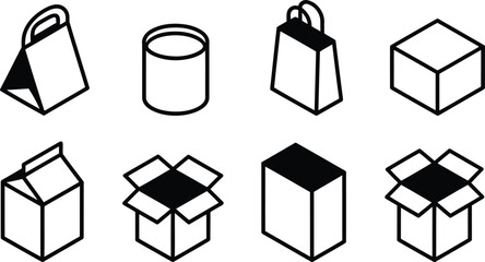 Isometric Line Art Illustration Featuring Various Containers Different Boxes and Packaging Options Bags and Cylinders Represented with Simple Black Lines and White Backgrounds