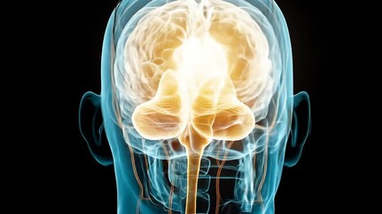 3D anatomical rendering showcasing a human brain within a translucent skull, highlighting intricate neural pathways and structures with warm and cool color contrasts against a black backdrop - Powered by Adobe