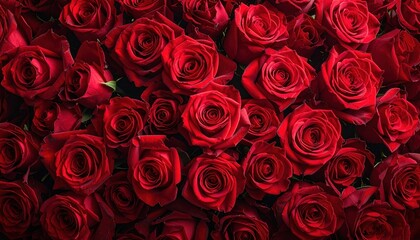 A mass of velvety red roses in full bloom, densely packed together creating a deep, romantic, and visually stunning floral arrangement