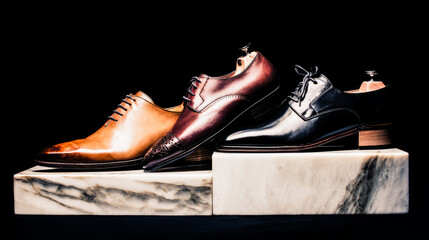 Handmade leather shoes displayed with meticulous craftsmanship on a neutral studio background.
